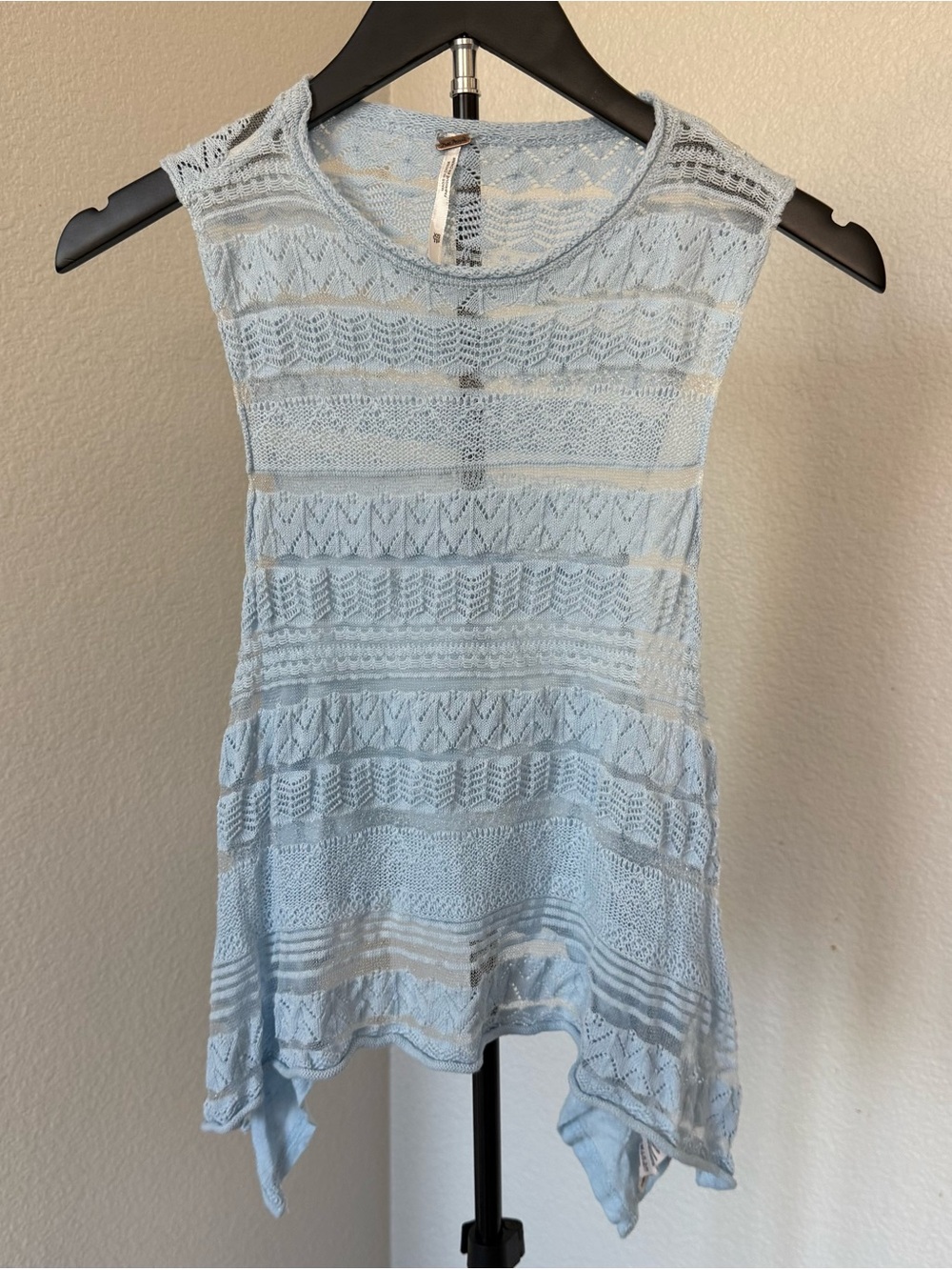 Free People XS Blue Sheer Lace Knit Handkerchief Hem Tunic Top